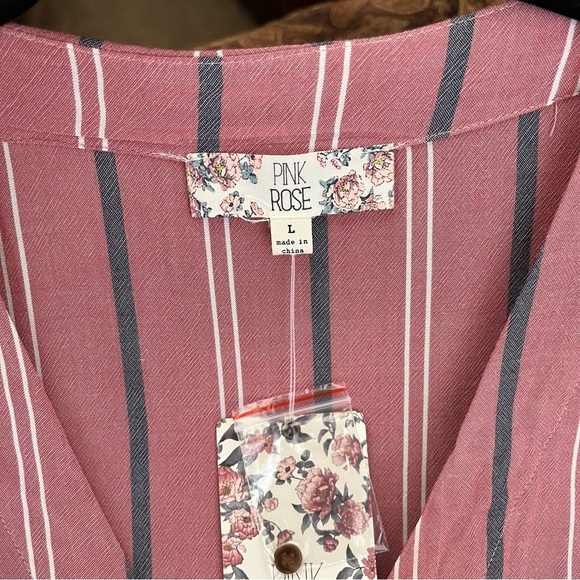 Pink Rose Top Women's Size L Pink Striped Buttons Long Sleeve Tie Front Boho NEW - Picture 6 of 6